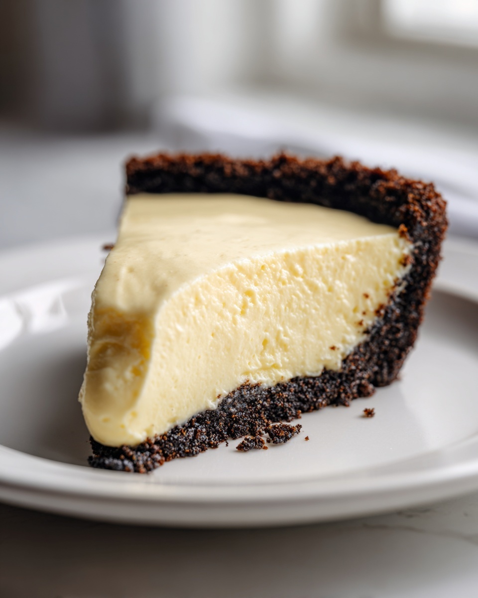 A close-up of a thick slice of creamy eggnog pie featuring a light yellow filling and a dark chocolate crumb crust.