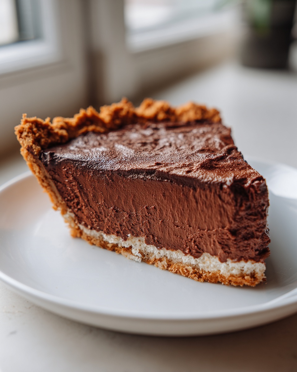 A close-up shot of a thick slice of decadent french silk pie with a dark chocolate filling and crumb crust.