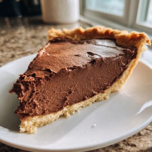 A close-up slice of decadent french silk pie showing the thick, velvety chocolate filling and golden crust.