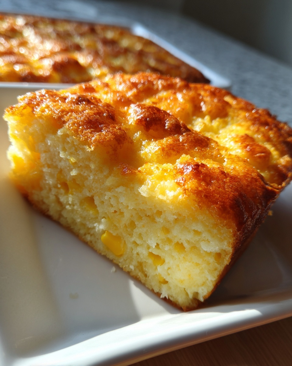 A close-up slice of golden brown jiffy corn casserole served on a white plate.