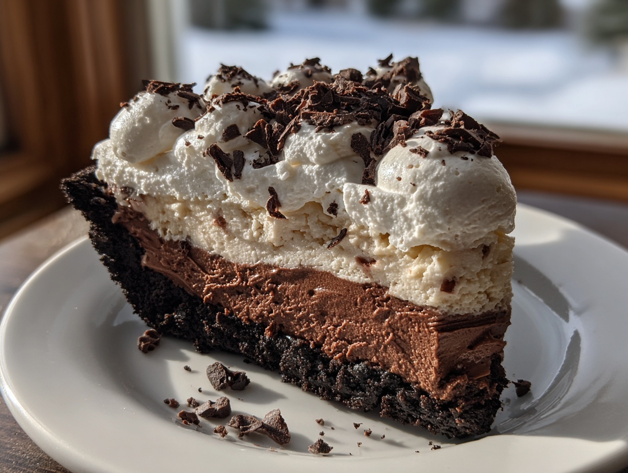 A decadent slice of Mississippi Mud Pie featuring a dark crust, chocolate mousse, light cream layer, and whipped topping with chocolate shavings.