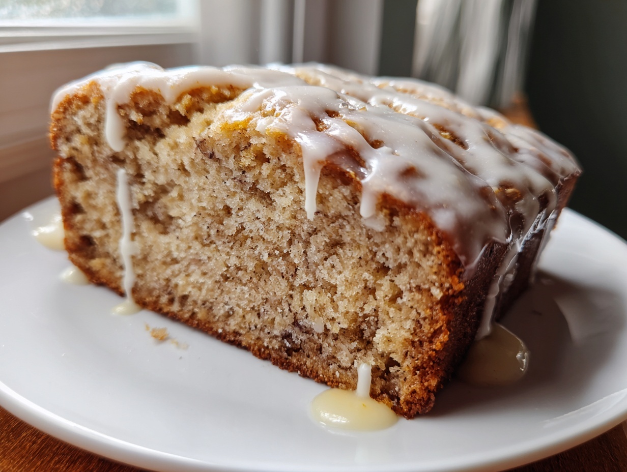A close-up of a thick slice of moist eggnog bread topped with a sweet white glaze, sitting on a white plate.