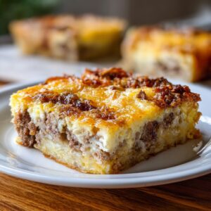 A square slice of hearty breakfast casserole featuring sausage, eggs, and a golden, cheesy top.