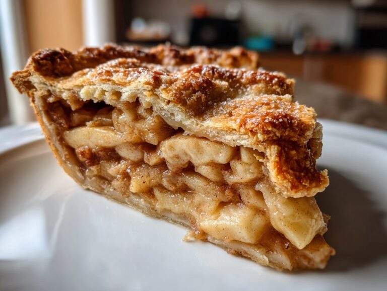 Close-up of a thick slice of apple pie recipe showing layered, spiced apples and a golden, sugared crust.