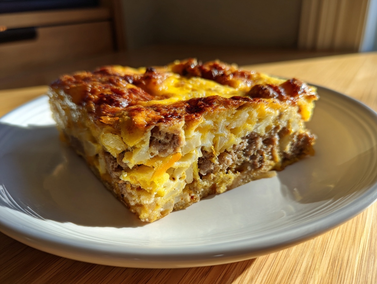 A close-up slice of savory breakfast casserole with layers of egg, cheese, potatoes, and sausage on a white plate.
