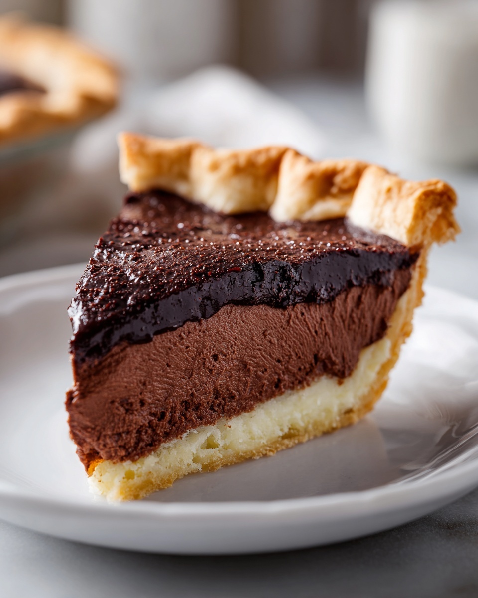 Close-up of a decadent slice of french silk pie showing the crust, light filling, and dark chocolate topping.