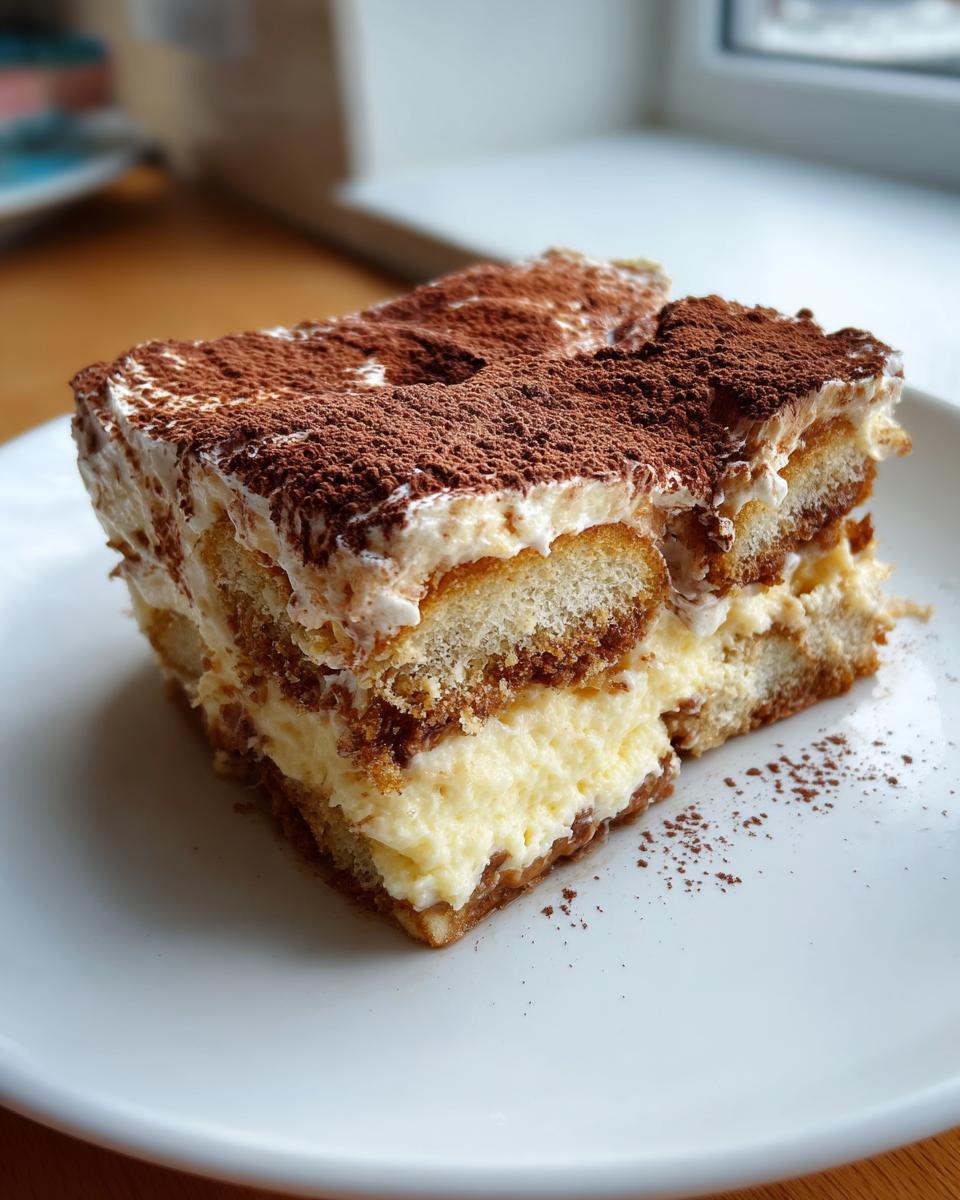 A generous slice of homemade tiramisu recipe showing layers of cream and coffee-soaked ladyfingers, dusted with cocoa powder.
