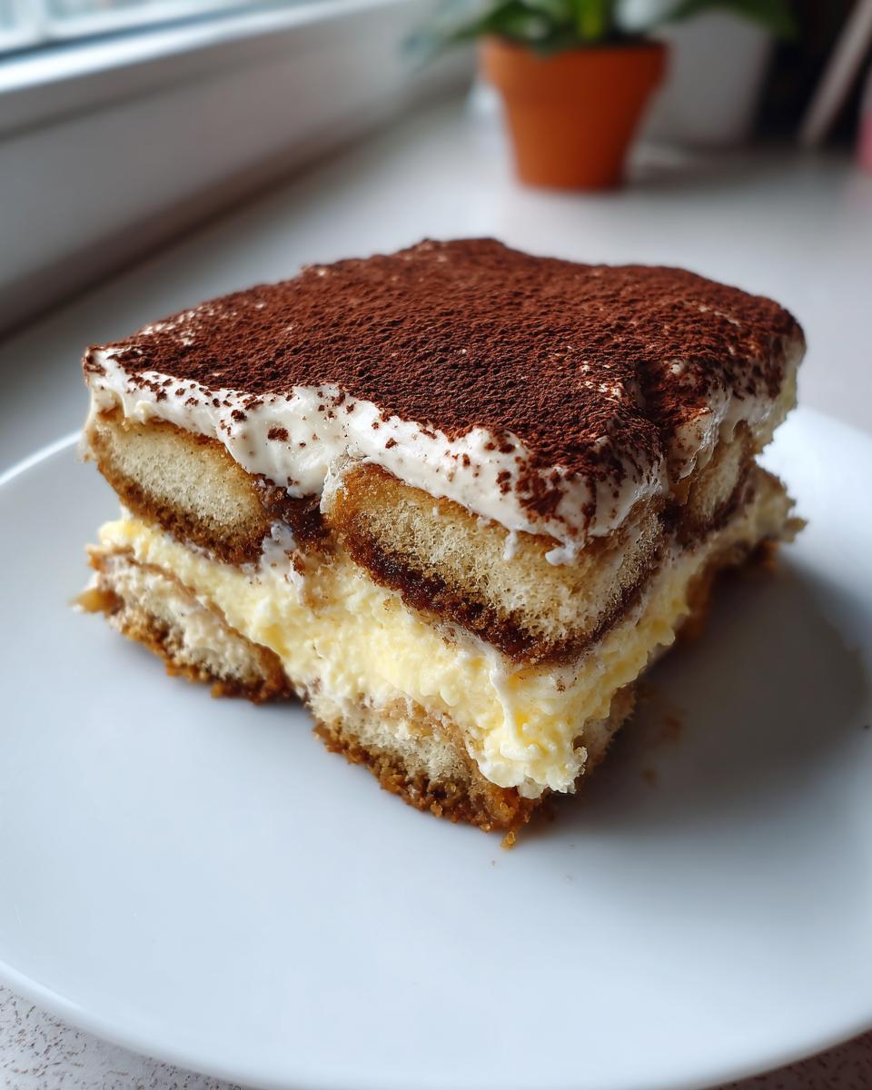 A perfect slice of tiramisu recipe layered with cream and dusted heavily with cocoa powder.