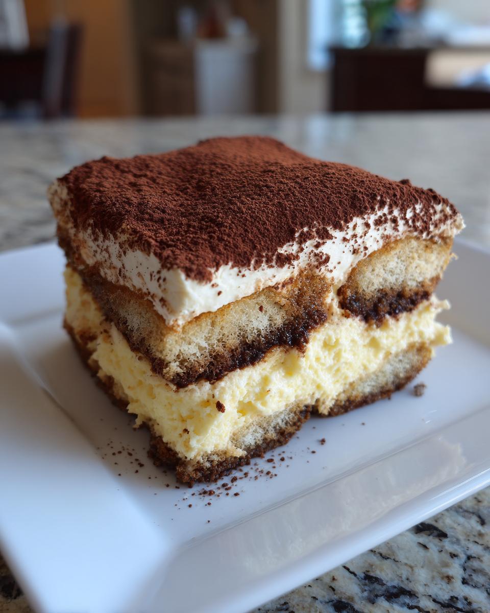 A perfect slice of tiramisu recipe showing layers of cream, coffee-soaked ladyfingers, and a dusting of cocoa powder.
