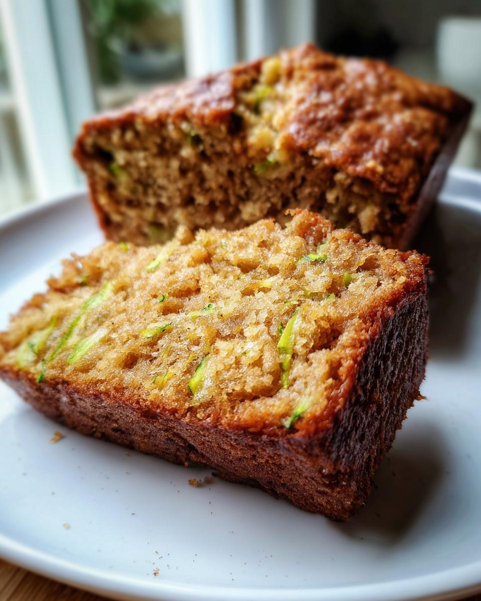 Close-up of a thick slice of moist zucchini bread recipe showing shredded green zucchini throughout the crumb.