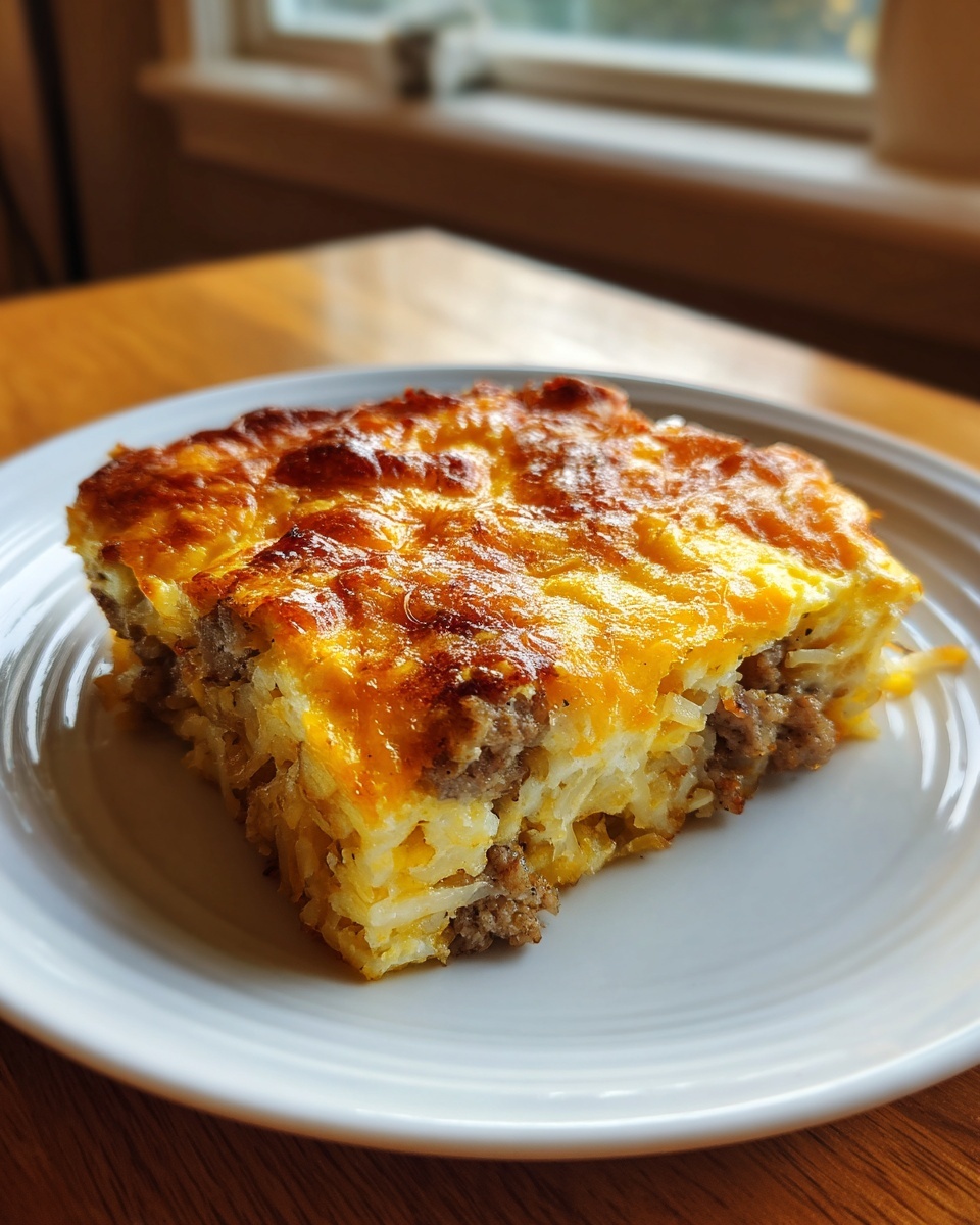 A square slice of hearty breakfast casserole with hash browns, sausage, and a golden, melted cheese topping.