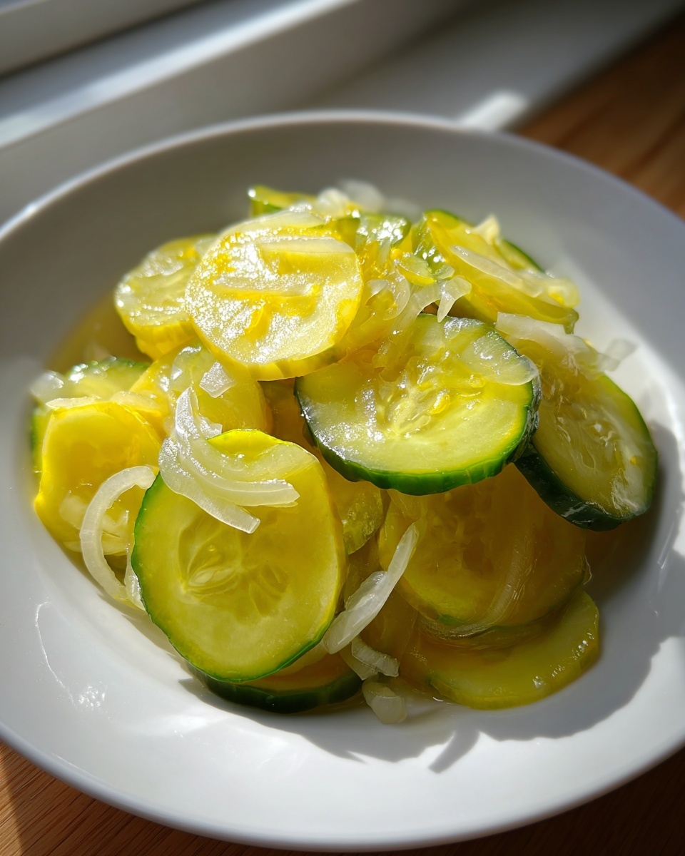 Close-up of sliced cucumbers and onions marinated in a sweet brine, resembling bread and butter pickle.