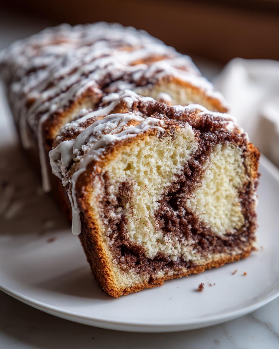 A close-up of sliced cinnamon bread featuring a rich swirl of cinnamon filling and topped with a white vanilla glaze.