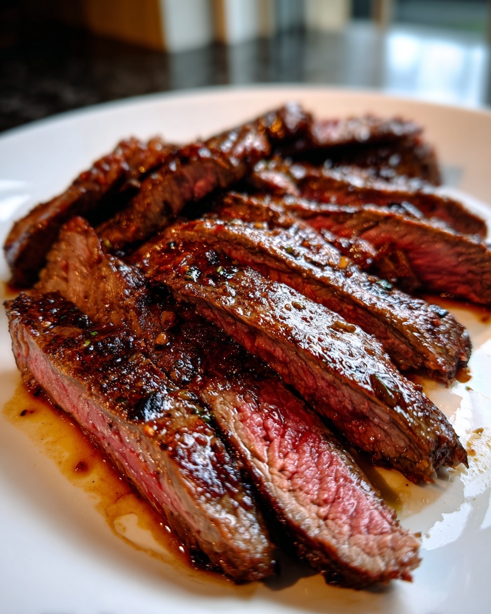 Close-up of medium-rare sliced flank steak, glistening with a savory brown glaze, resting on a white plate.