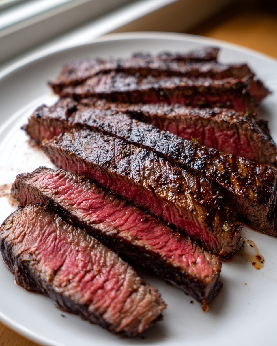 Close-up of perfectly grilled and sliced flank steak showing a juicy, medium-rare interior.