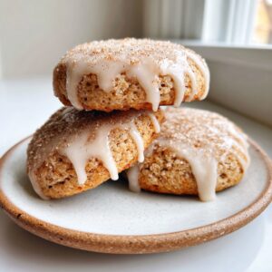 Three soft apple cider cookies stacked on a speckled plate, drizzled with white glaze and cinnamon sugar.