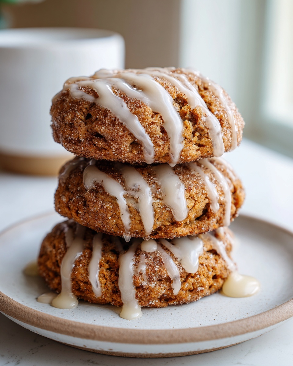 Three soft apple cider cookies stacked on a plate, coated in cinnamon sugar and drizzled with vanilla glaze.