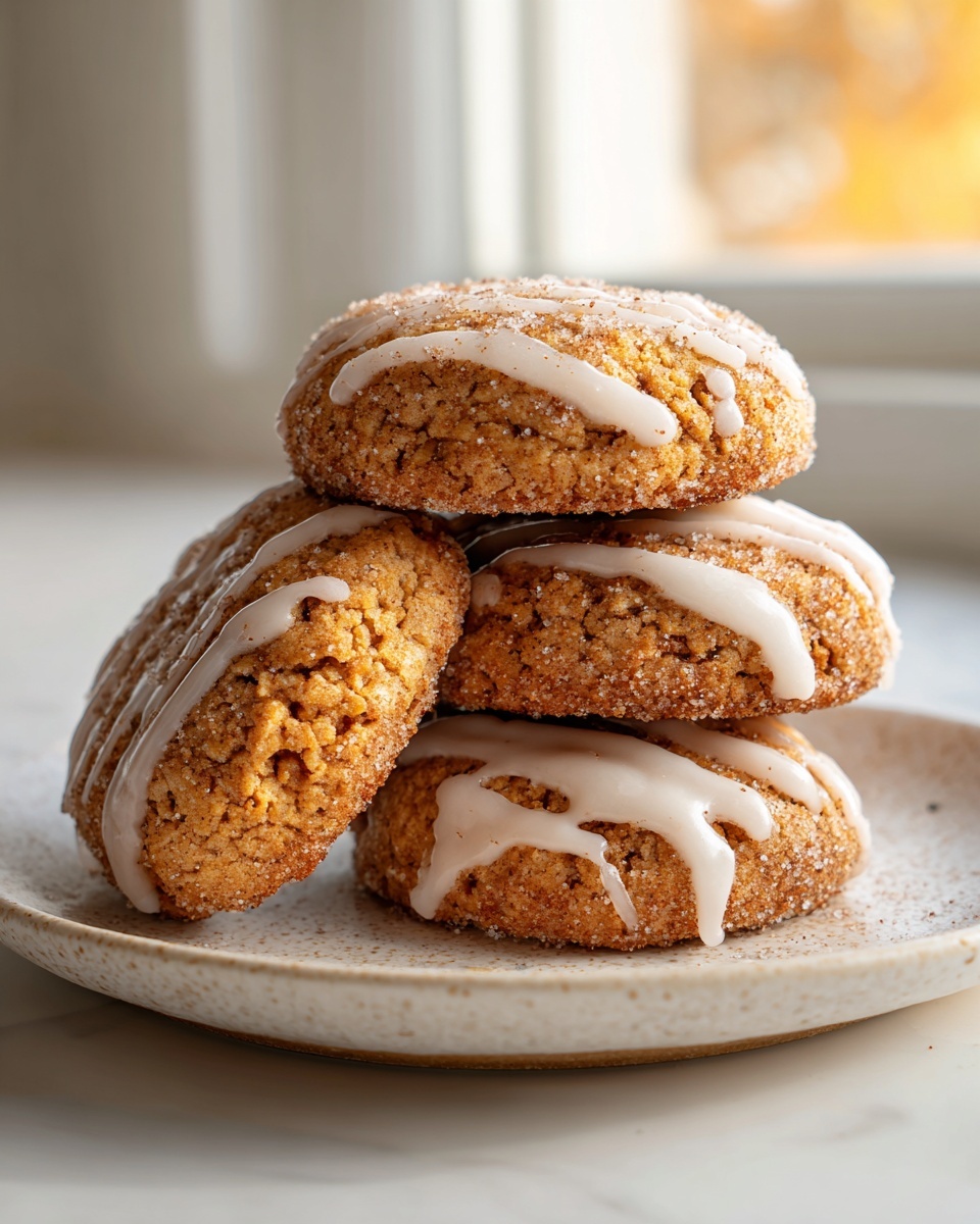 A stack of four soft apple cider cookies, coated in cinnamon sugar and drizzled with white icing.