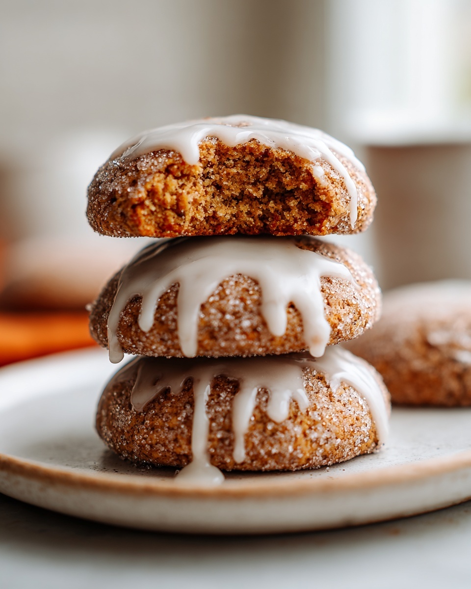 A stack of three soft apple cider cookies, coated in sugar and drizzled with white glaze.