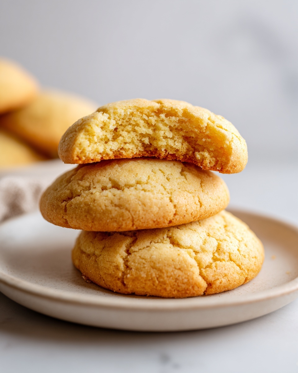 A stack of three soft, golden cake mix cookies, with the top one broken open to show the texture.