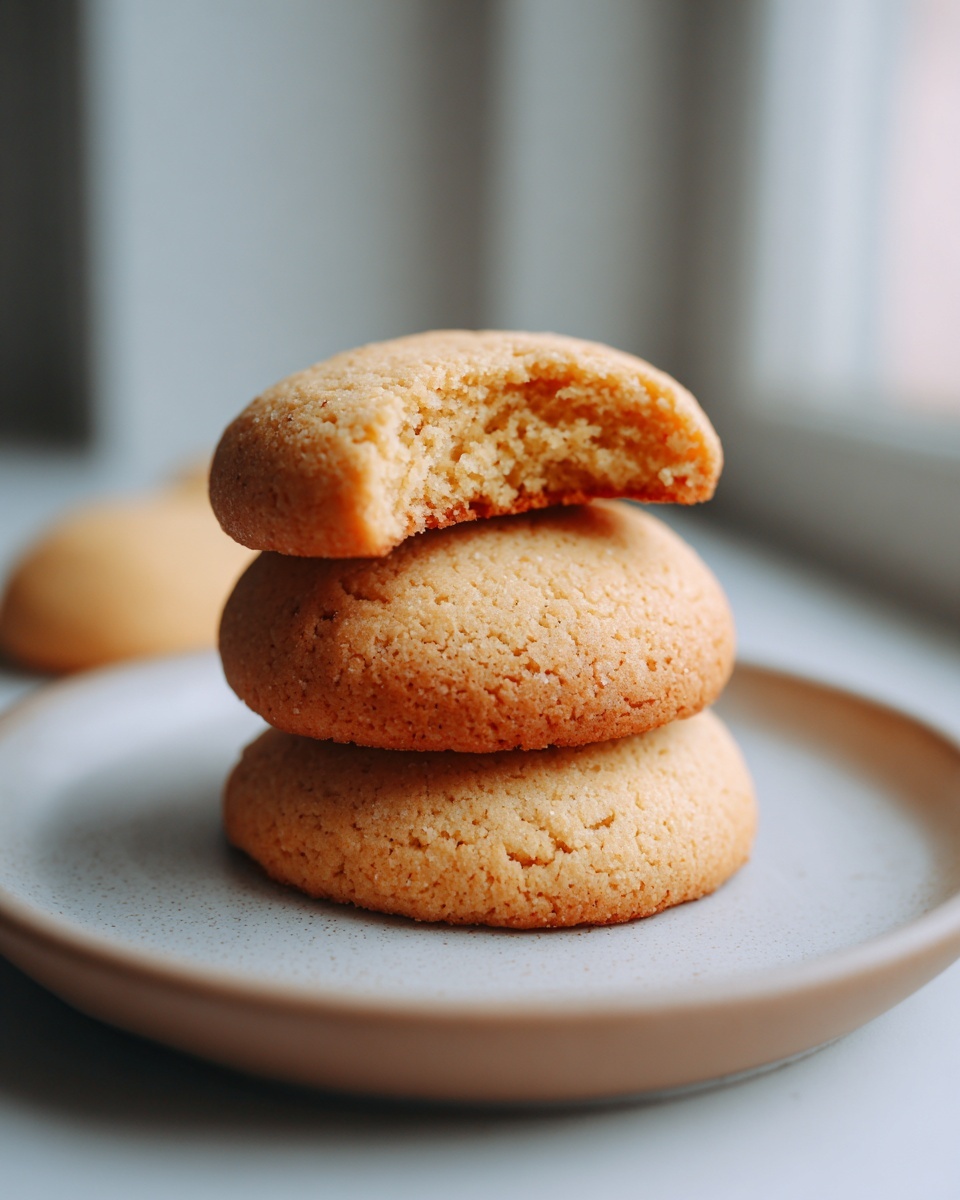 A stack of three golden brown cake mix cookies, with the top one having a bite taken out, showing the soft interior.