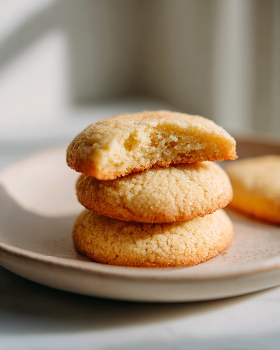 A stack of three soft, golden cake mix cookies, with the top one bitten to show the chewy interior.