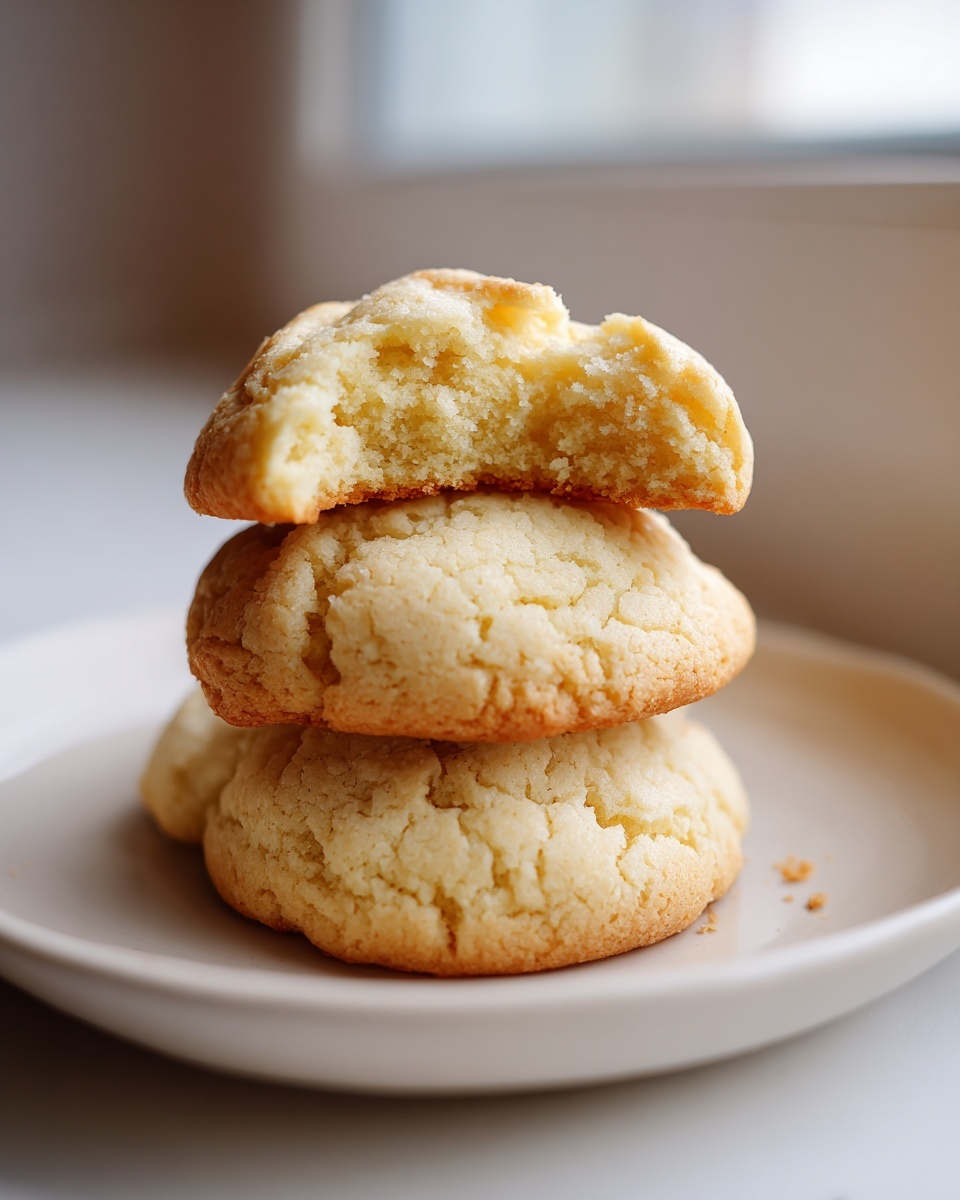 A stack of three soft, golden cake mix cookies, with the top one bitten to show the fluffy interior.