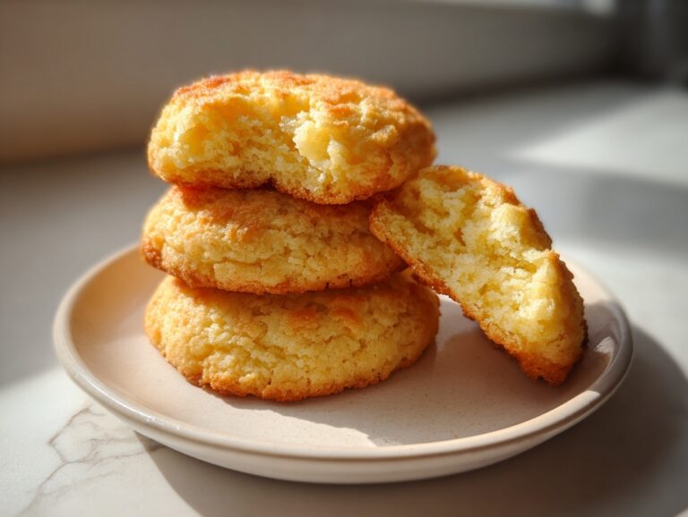 A stack of three soft, golden cake mix cookies on a small plate, with one cookie broken open.