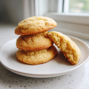 A stack of three golden brown cake mix cookies on a white plate, with one cookie broken open showing the soft interior.