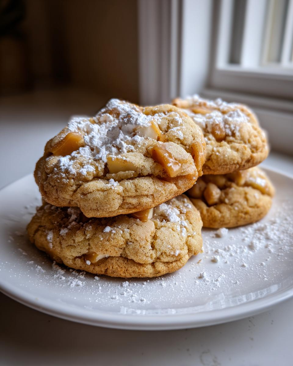A stack of soft caramel apple cookies, studded with caramel pieces and topped with powdered sugar, on a white plate.
