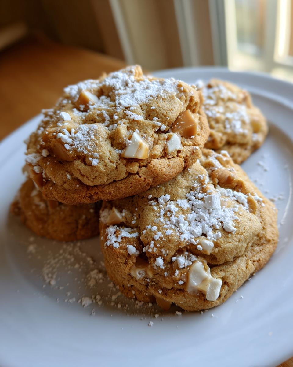 A stack of soft caramel apple cookies loaded with white chocolate chunks and dusted generously with powdered sugar.
