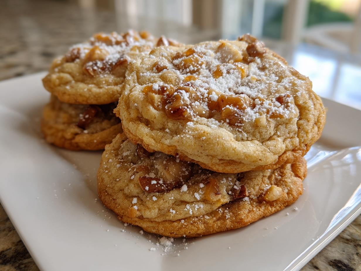 Stack of soft caramel apple cookies topped with chopped nuts and powdered sugar on a white plate.