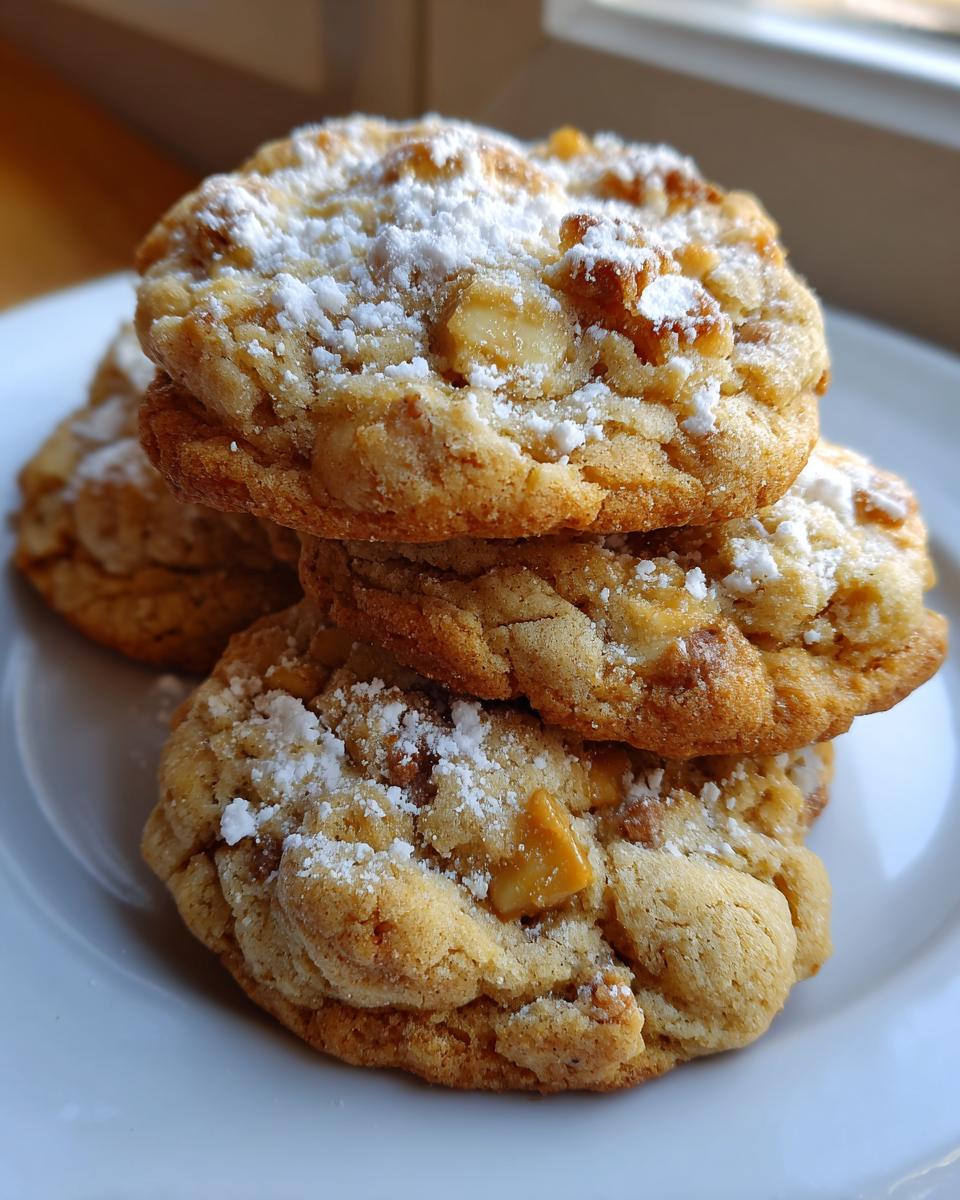 A stack of three soft caramel apple cookies dusted generously with powdered sugar on a white plate.
