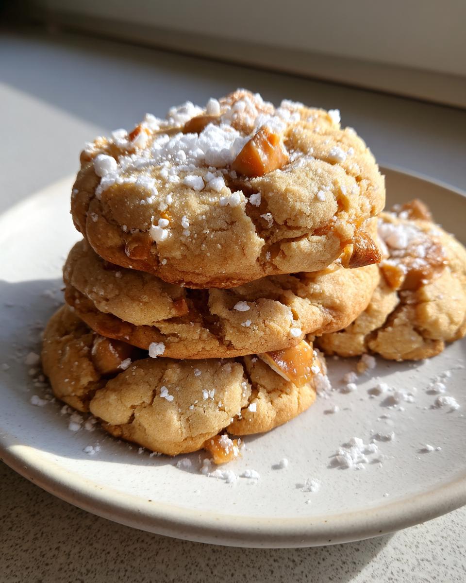 A stack of soft caramel apple cookies topped with powdered sugar and visible caramel chunks.