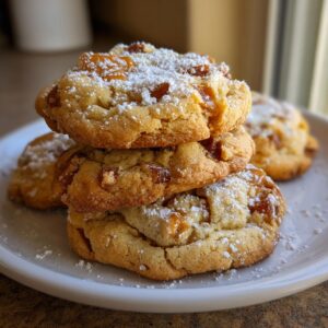 A stack of three soft caramel apple cookies dusted heavily with powdered sugar on a white plate.
