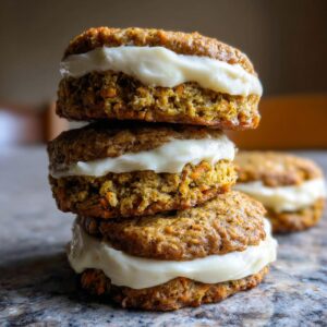 A stack of three soft carrot cake cookies sandwiched with thick cream cheese frosting.
