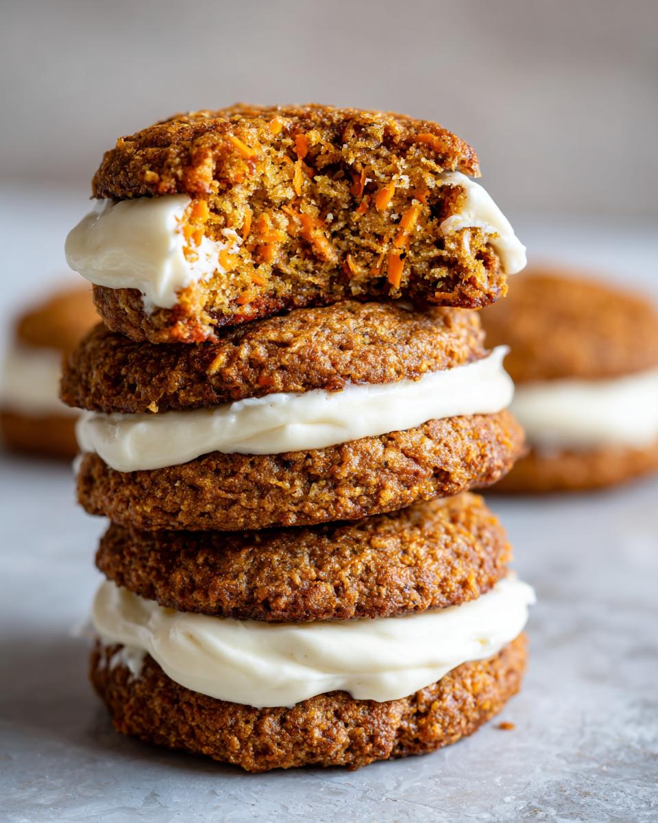 A stack of three soft carrot cake cookies filled with thick cream cheese frosting, one cookie is bitten.