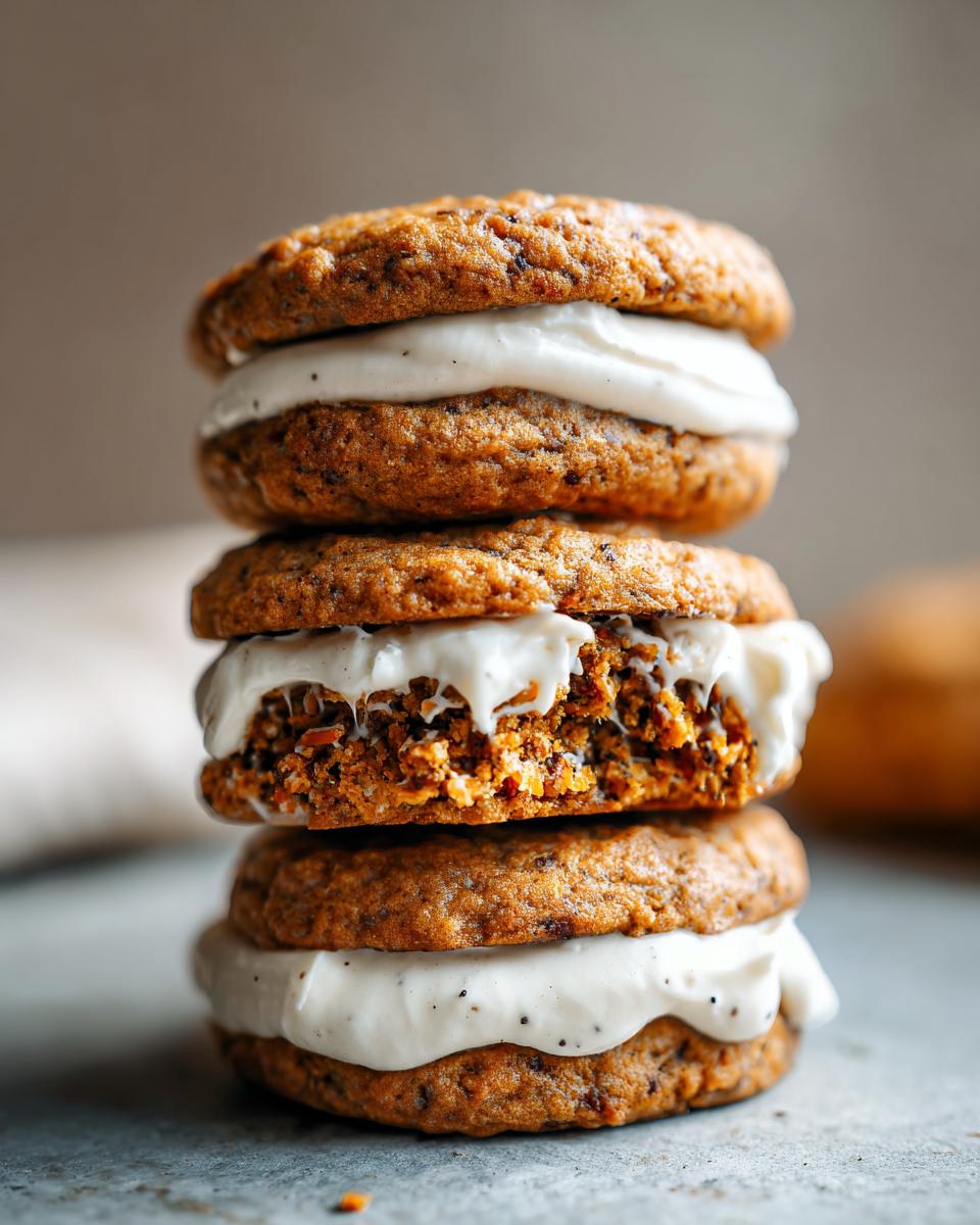 A stack of three soft carrot cake cookies sandwiched with thick vanilla cream cheese frosting.