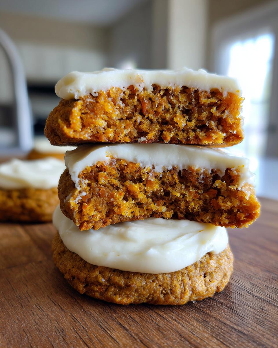 A stack of two soft carrot cake cookies, cut in half to show the orange interior and thick cream cheese frosting.