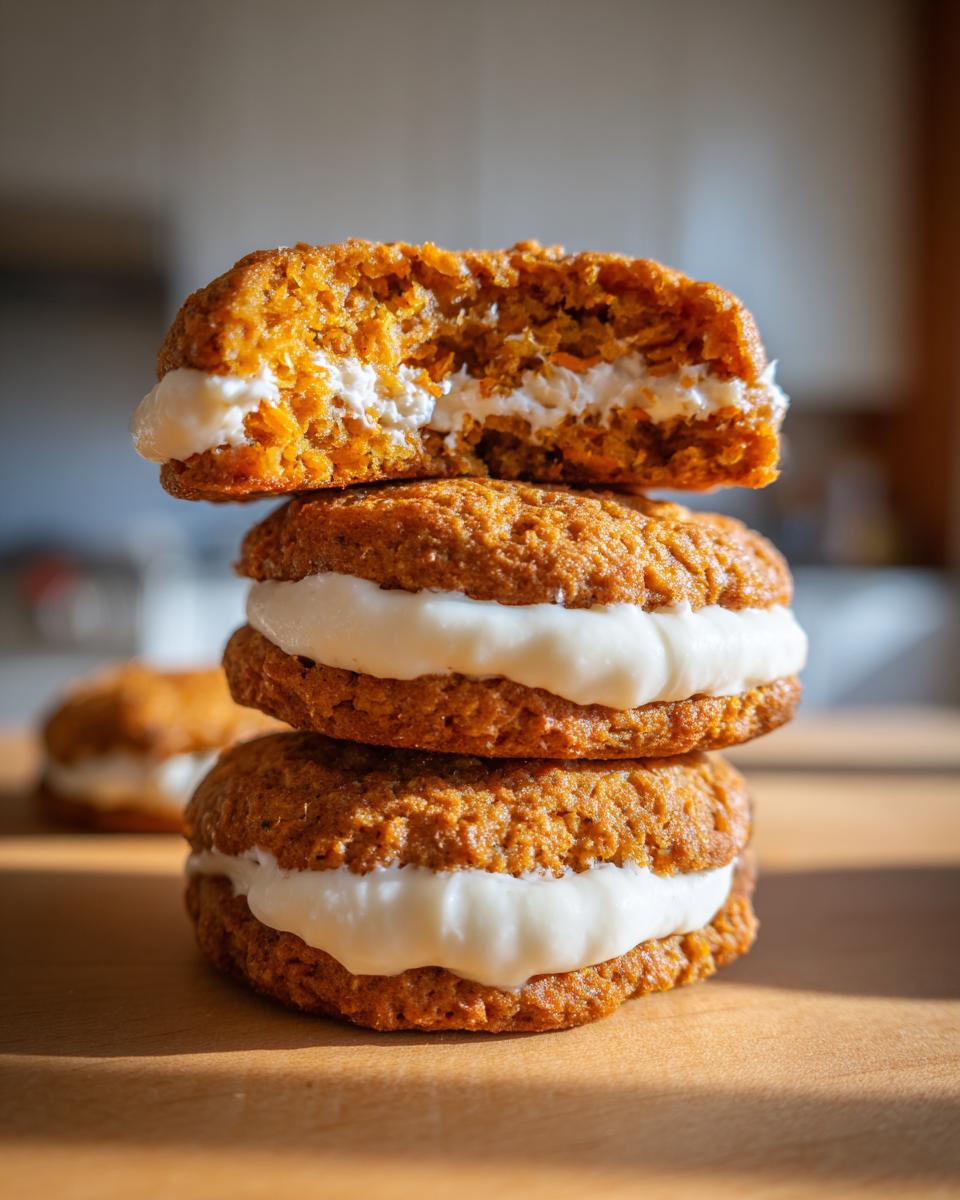 A stack of three soft carrot cake cookies filled with thick cream cheese frosting, one cookie is broken open.