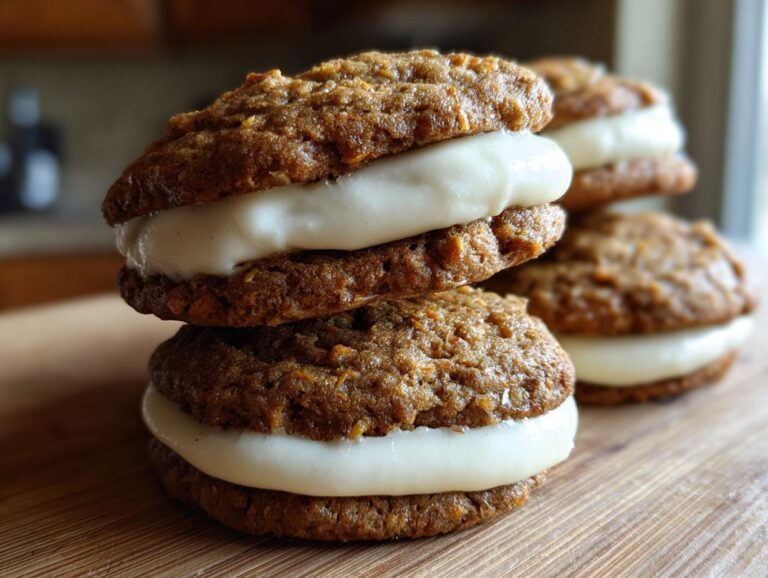 A stack of two soft carrot cake cookies sandwiched with thick cream cheese frosting.
