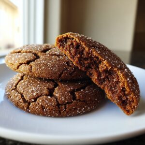 Three soft and chewy molasses cookies, one broken in half to show the moist interior, coated in sparkling sugar.