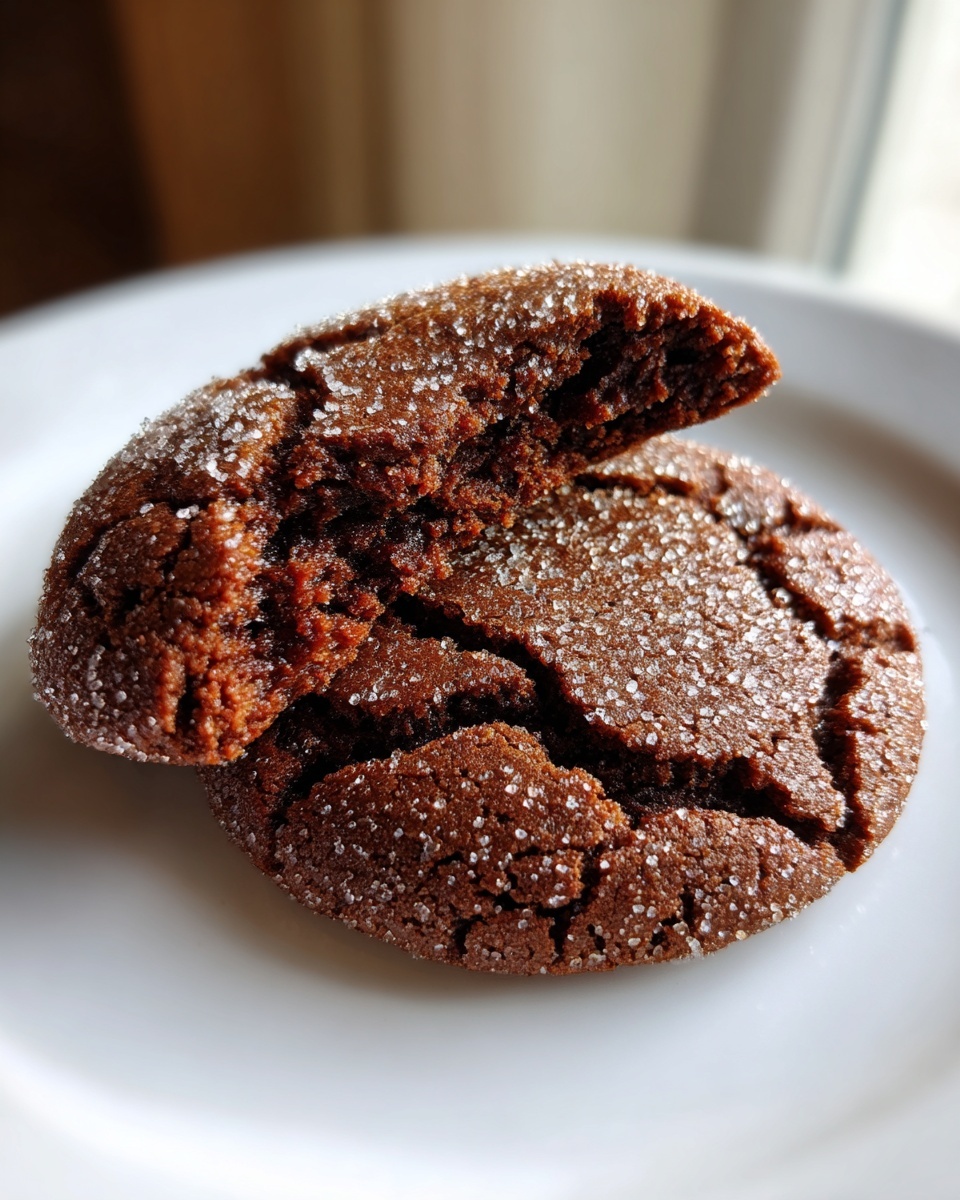 Close-up of two soft, chewy molasses cookies coated in sugar, one broken open to show the texture.