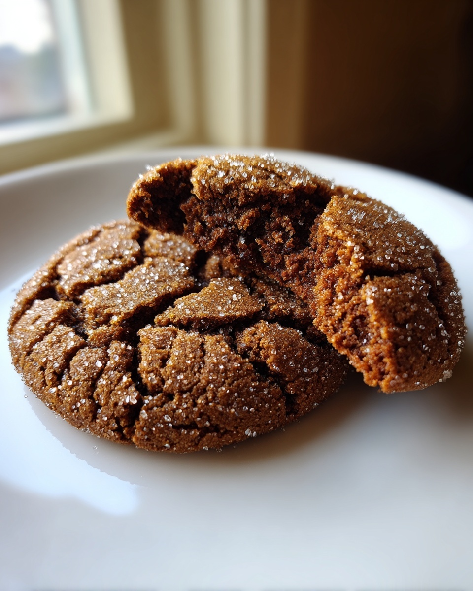Close-up of two soft, chewy molasses cookies, one broken in half, showing the rich interior and sparkling sugar coating.