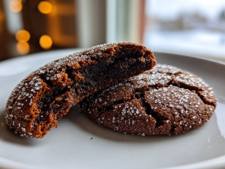 Close-up of two soft and chewy molasses cookies, one broken in half showing the moist interior, coated in coarse sugar.