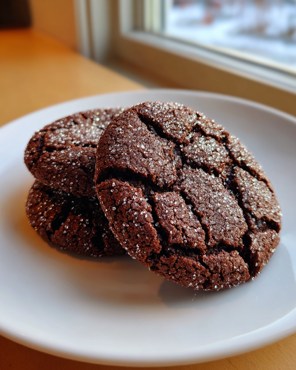 Three soft chewy molasses cookies dusted with sparkling sugar crystals on a white plate.