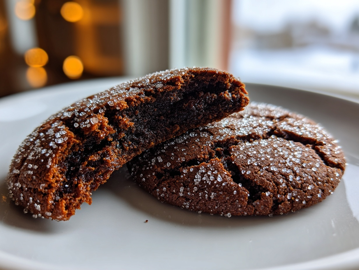 Close-up of two soft and chewy molasses cookies, one broken in half showing the moist interior, coated in coarse sugar.