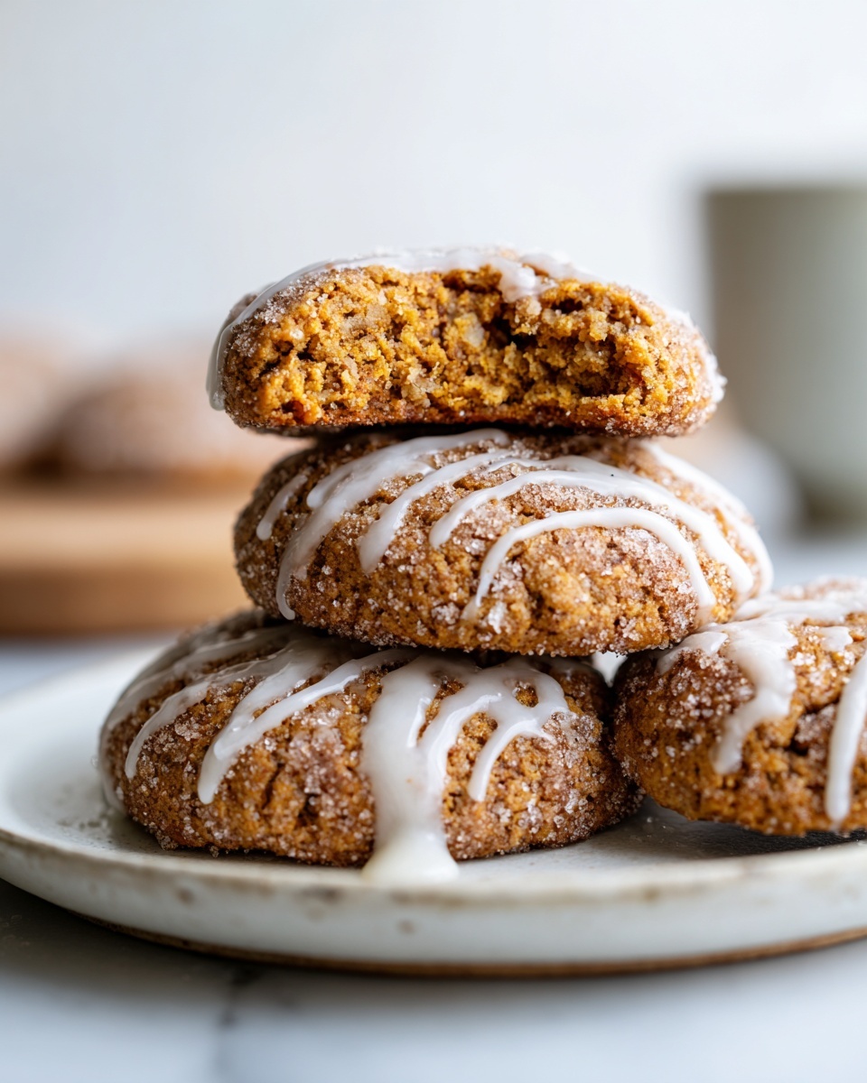 A stack of three soft apple cider cookies drizzled with white icing and covered in sugar.