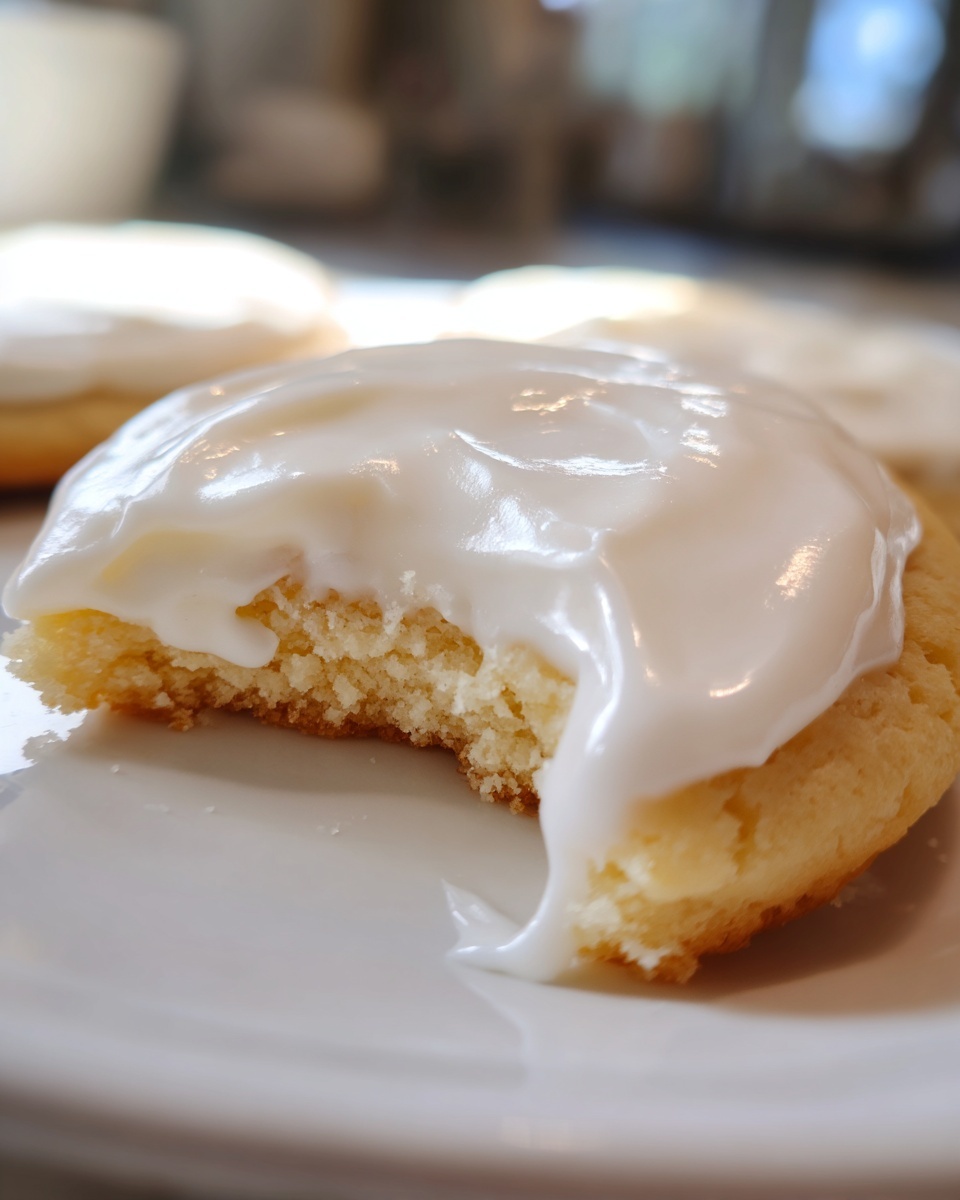 Close-up of a soft sugar cookie with a thick layer of glossy white sugar cookie icing, showing a bite taken out.
