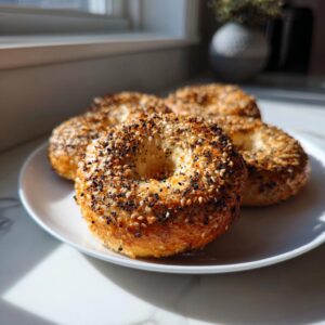 Four golden brown sourdough discard bagels covered in everything bagel seasoning resting on a white plate.